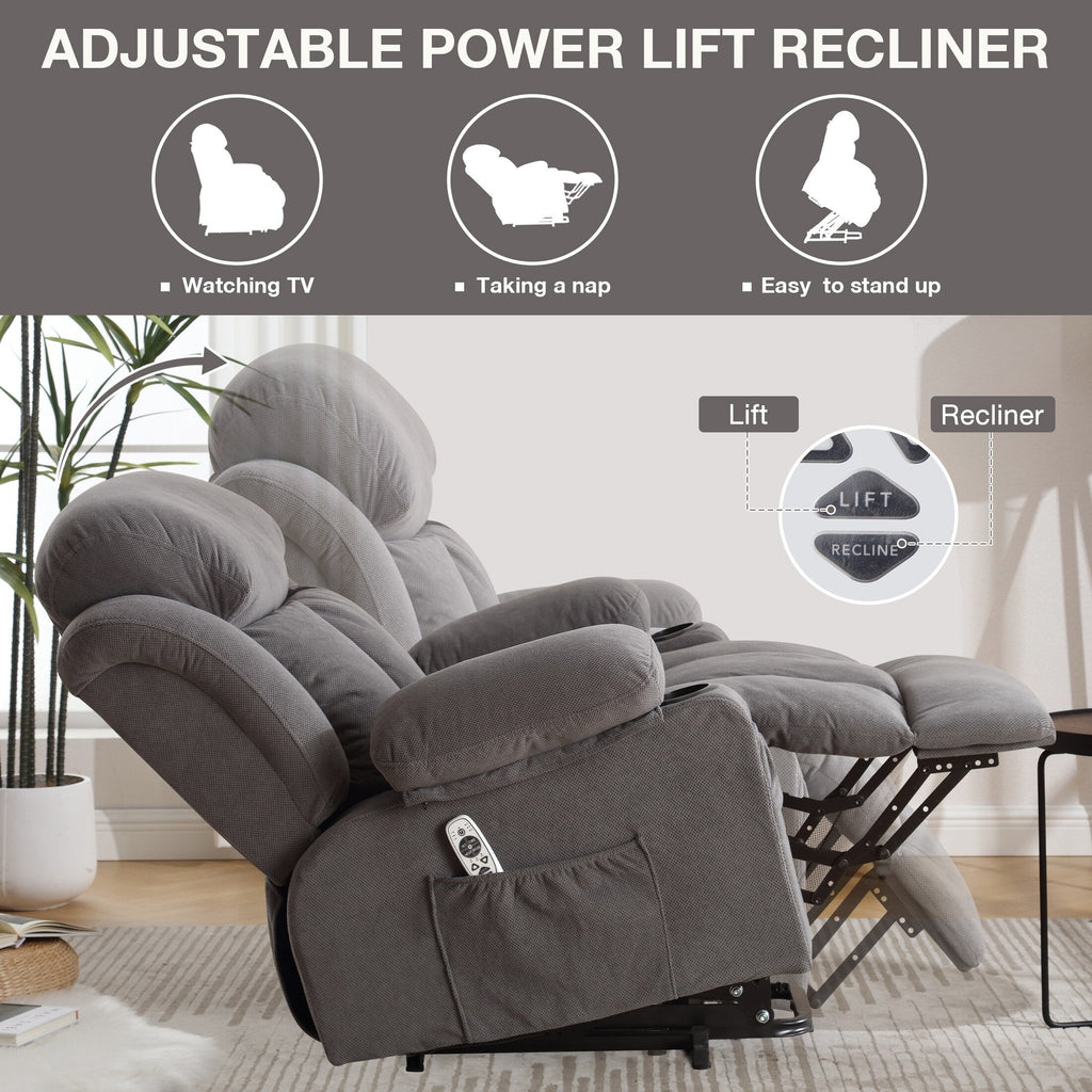 Fauteuil releveur électrique beige avec chauffage, massage, port USB, poches latérales et télécommande pratique