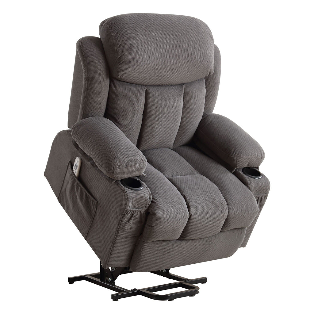 Fauteuil releveur électrique beige avec chauffage, massage, port USB, poches latérales et télécommande pratique
