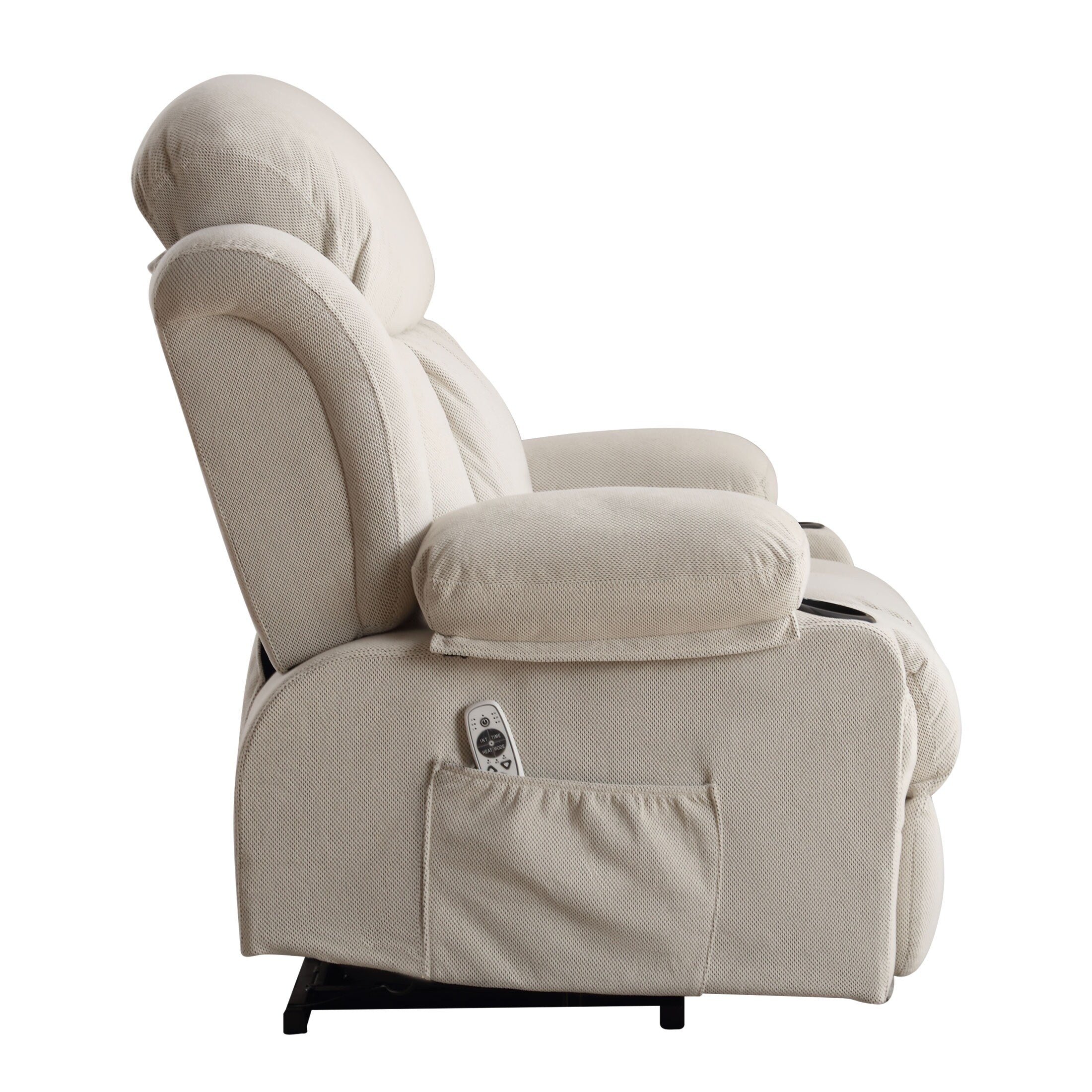 Fauteuil releveur électrique beige avec chauffage, massage, port USB, poches latérales et télécommande pratique