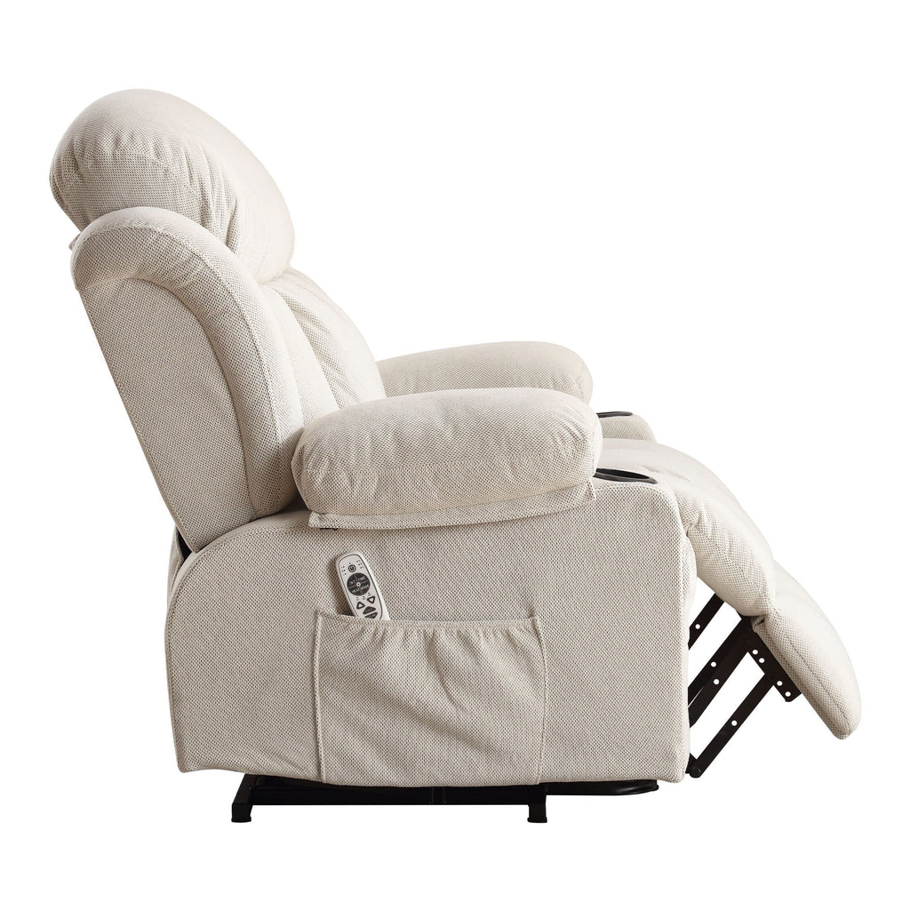 Fauteuil releveur électrique beige avec chauffage, massage, port USB, poches latérales et télécommande pratique