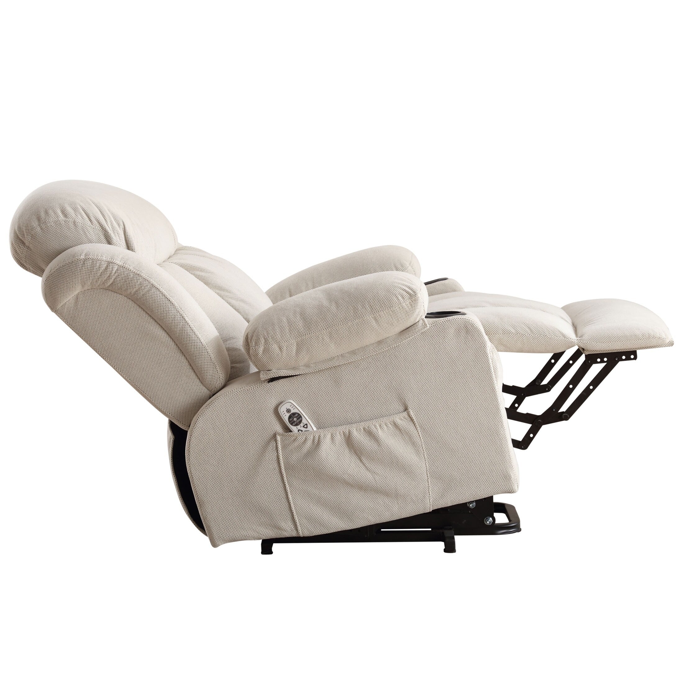 Fauteuil releveur électrique beige avec chauffage, massage, port USB, poches latérales et télécommande