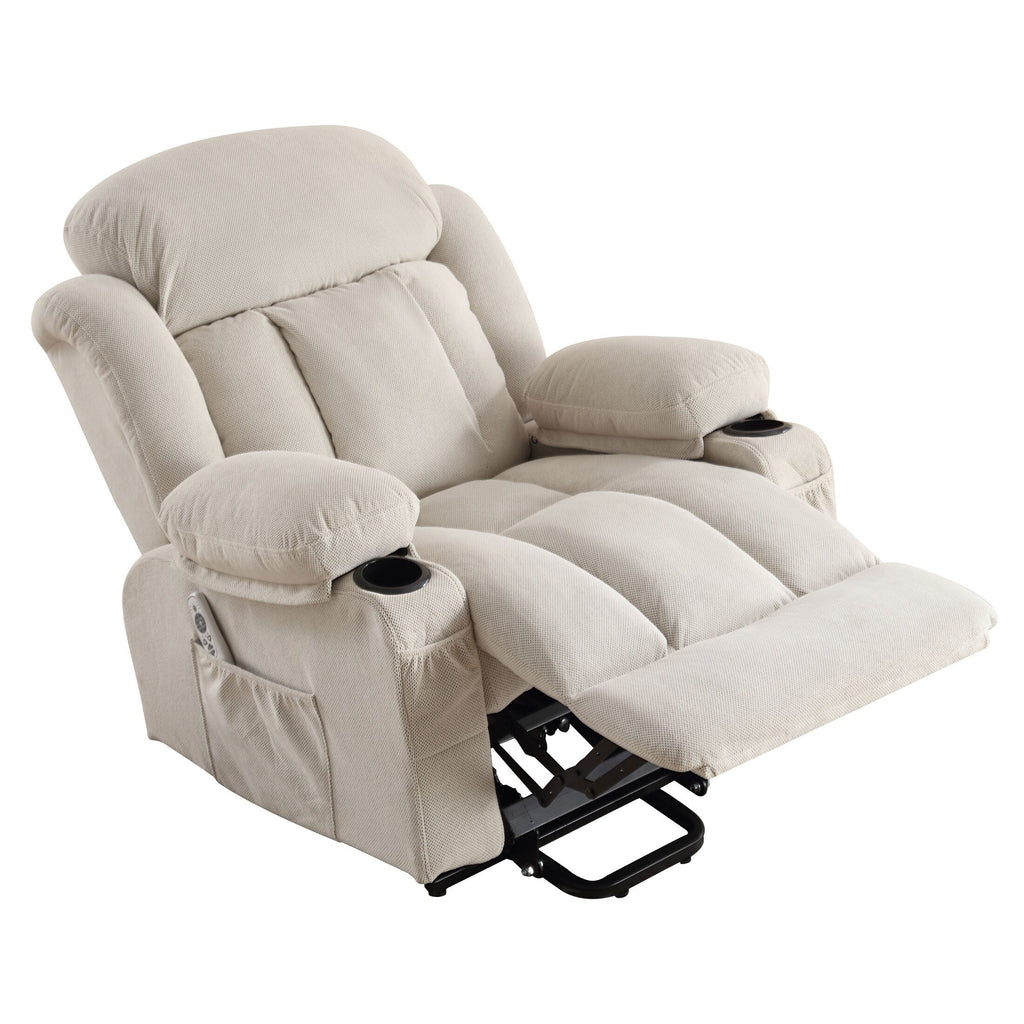 Fauteuil releveur électrique beige avec chauffage, massage, port USB, poches latérales et télécommande