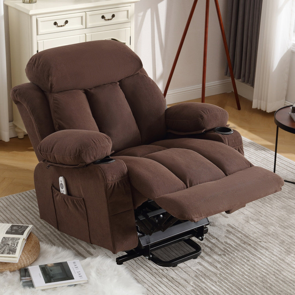 Fauteuil releveur électrique beige avec chauffage, massage, port USB, poches latérales et télécommande