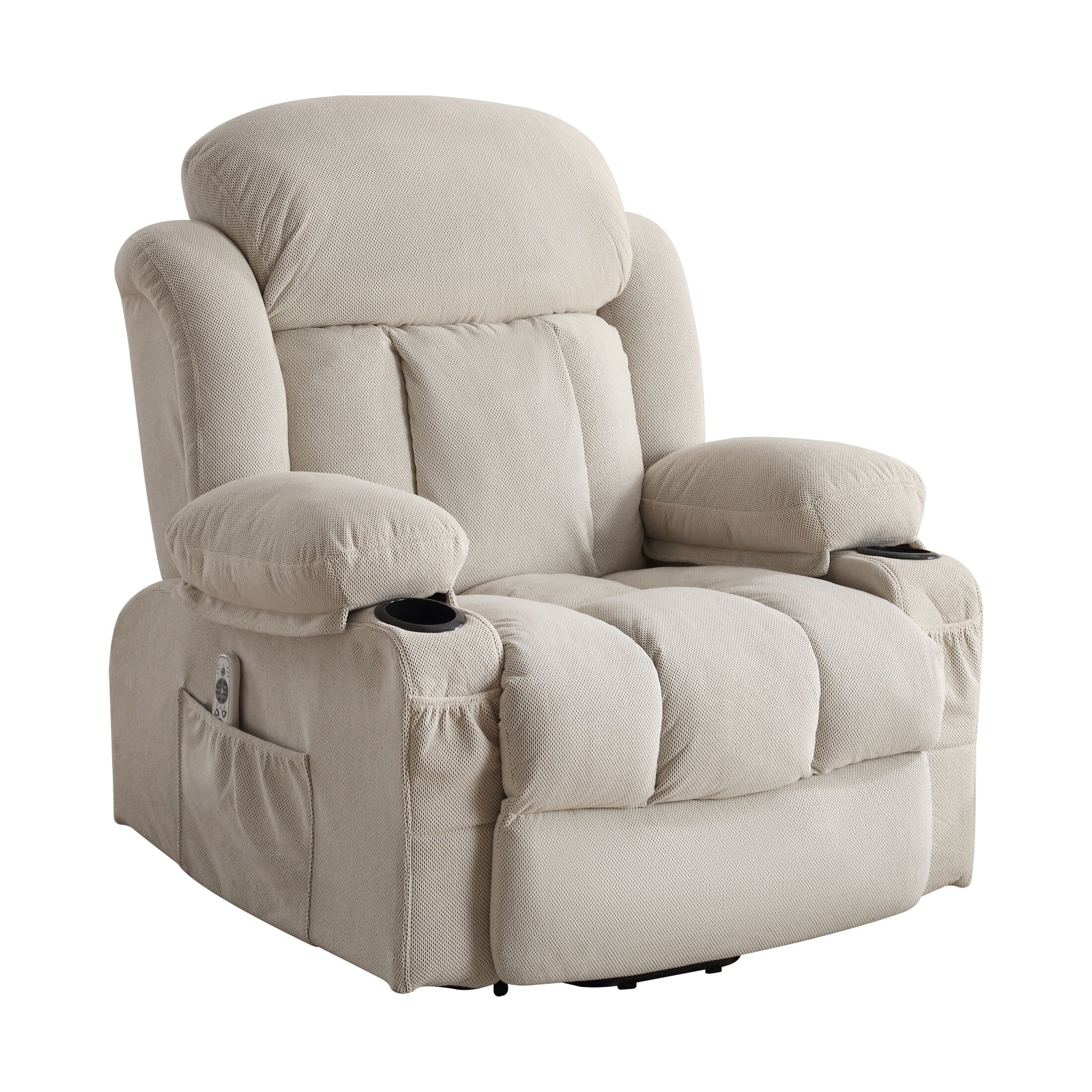 Fauteuil releveur électrique beige avec chauffage, massage, port USB, rangement latéral et télécommande