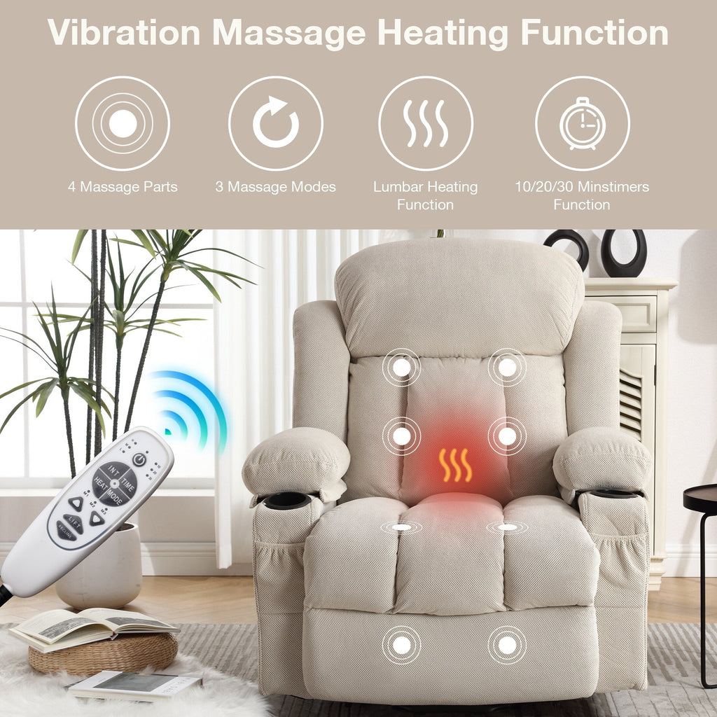 Fauteuil inclinable électrique beige avec chauffage, massage, port USB et télécommande