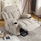 Fauteuil inclinable ergonomique beige avec massage chauffant, chargement USB, poches latérales et télécommande facile à utiliser
