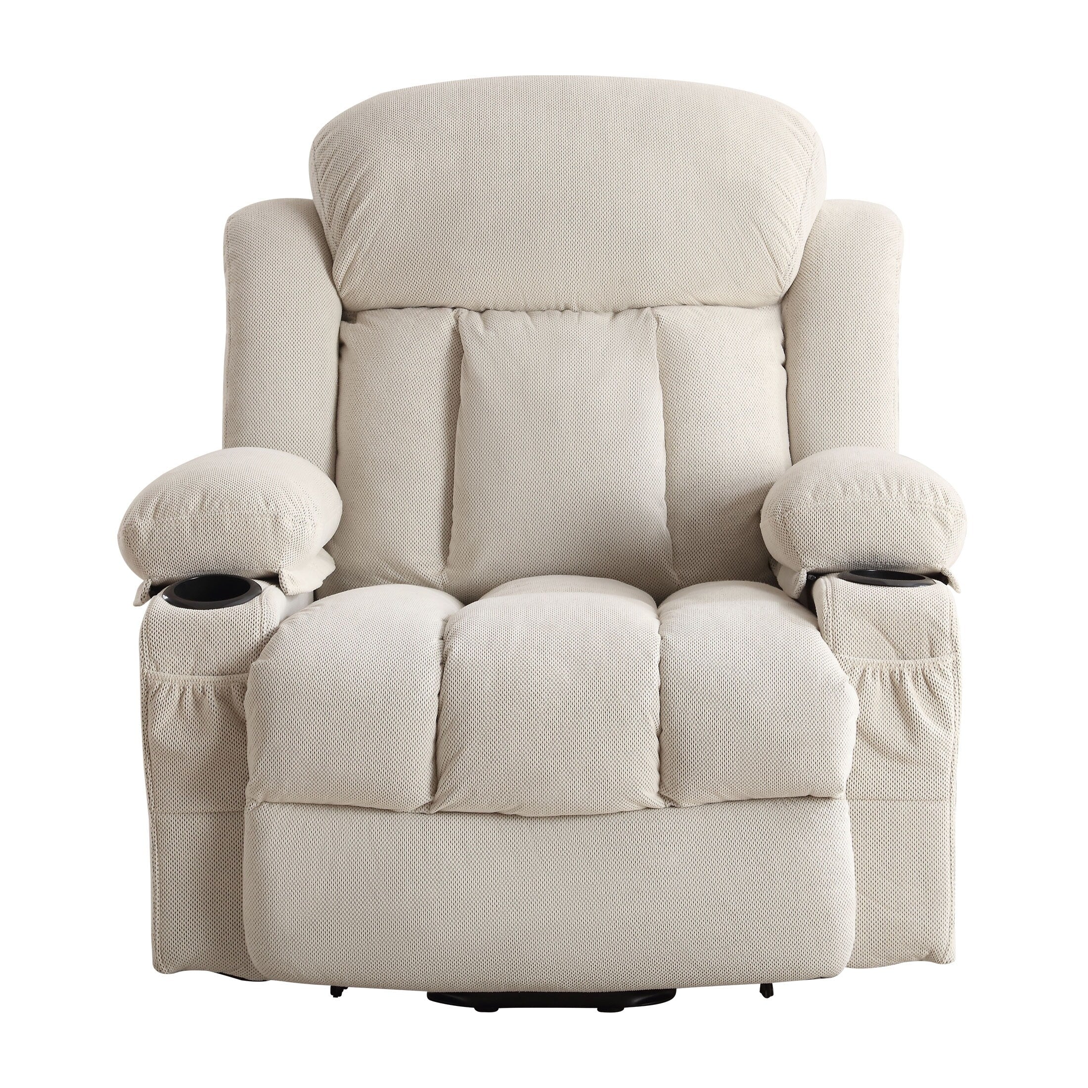 Fauteuil inclinable ergonomique beige avec massage chauffant, chargement USB, poches latérales et télécommande facile à utiliser