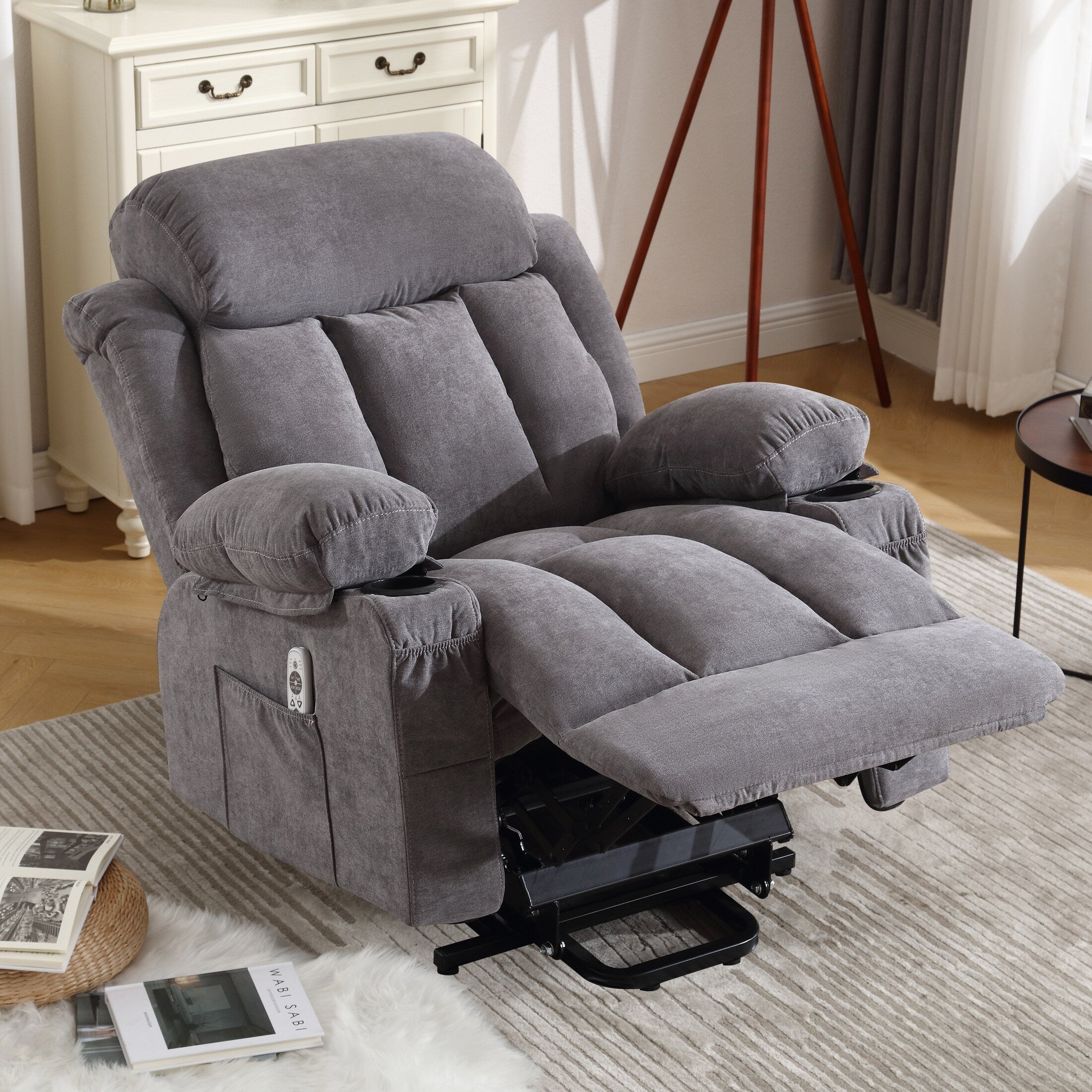 Fauteuil inclinable ergonomique beige avec massage chauffant, chargement USB, poches latérales et télécommande facile à utiliser