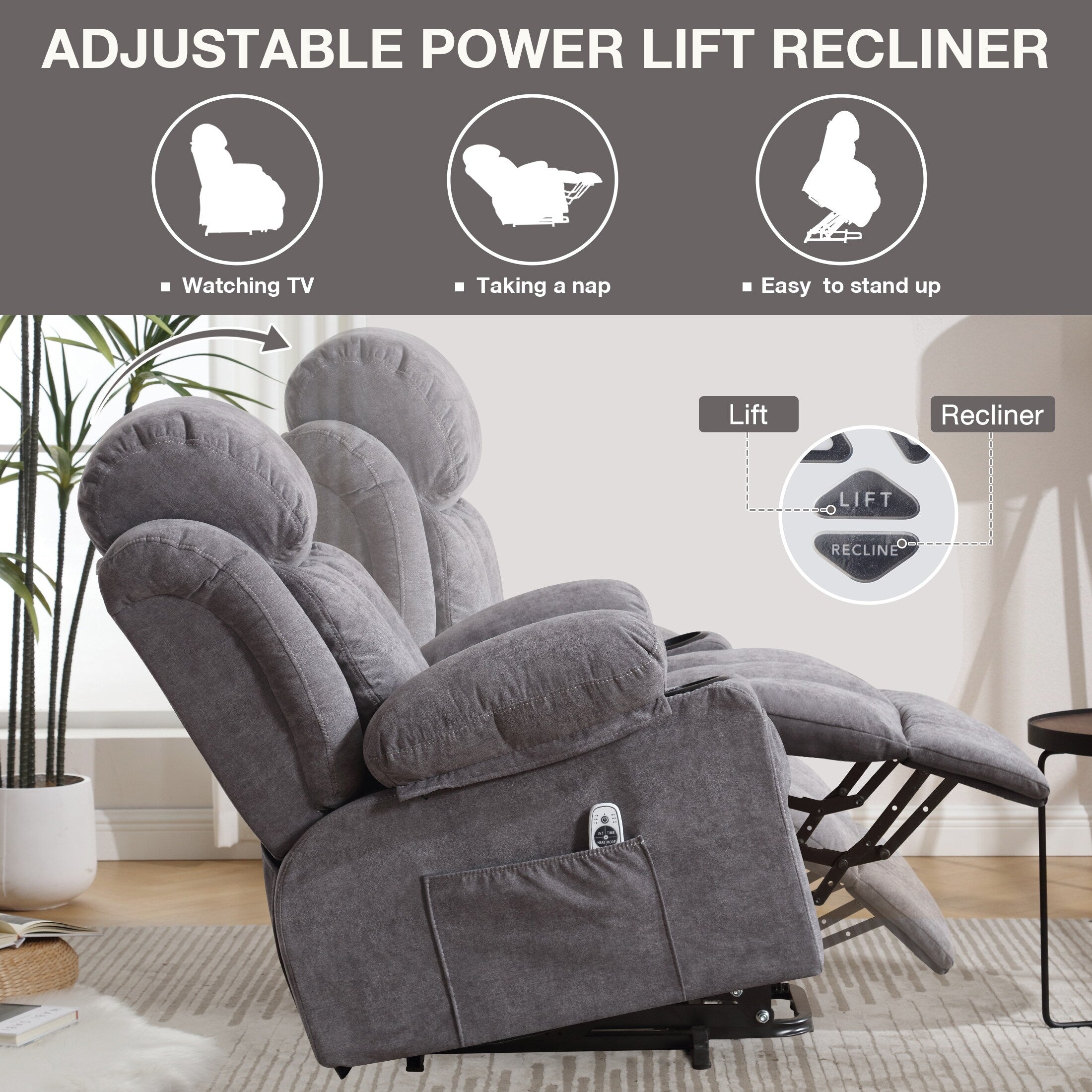 Fauteuil inclinable ergonomique beige avec massage chauffant, chargement USB, poches latérales et télécommande facile à utiliser