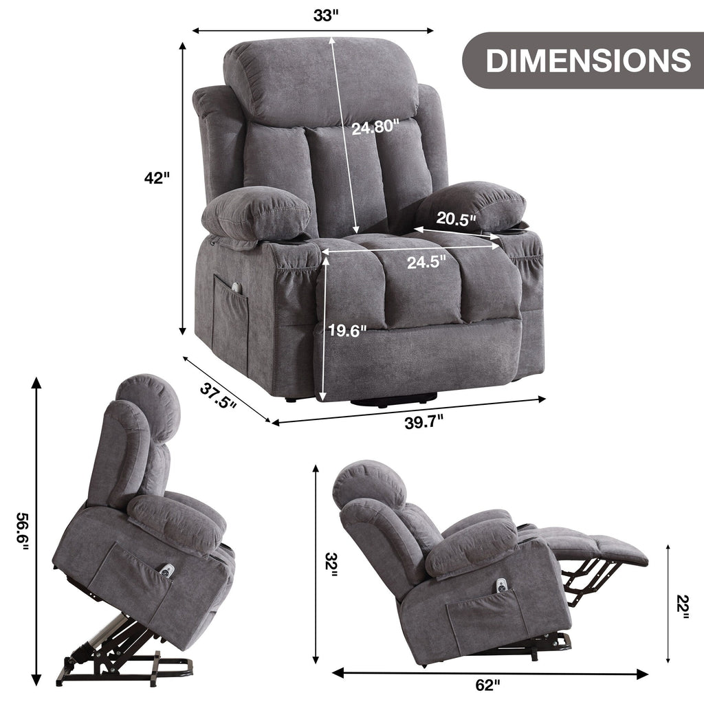 Fauteuil inclinable ergonomique beige avec chauffage, massage, chargement USB, poches latérales et télécommande