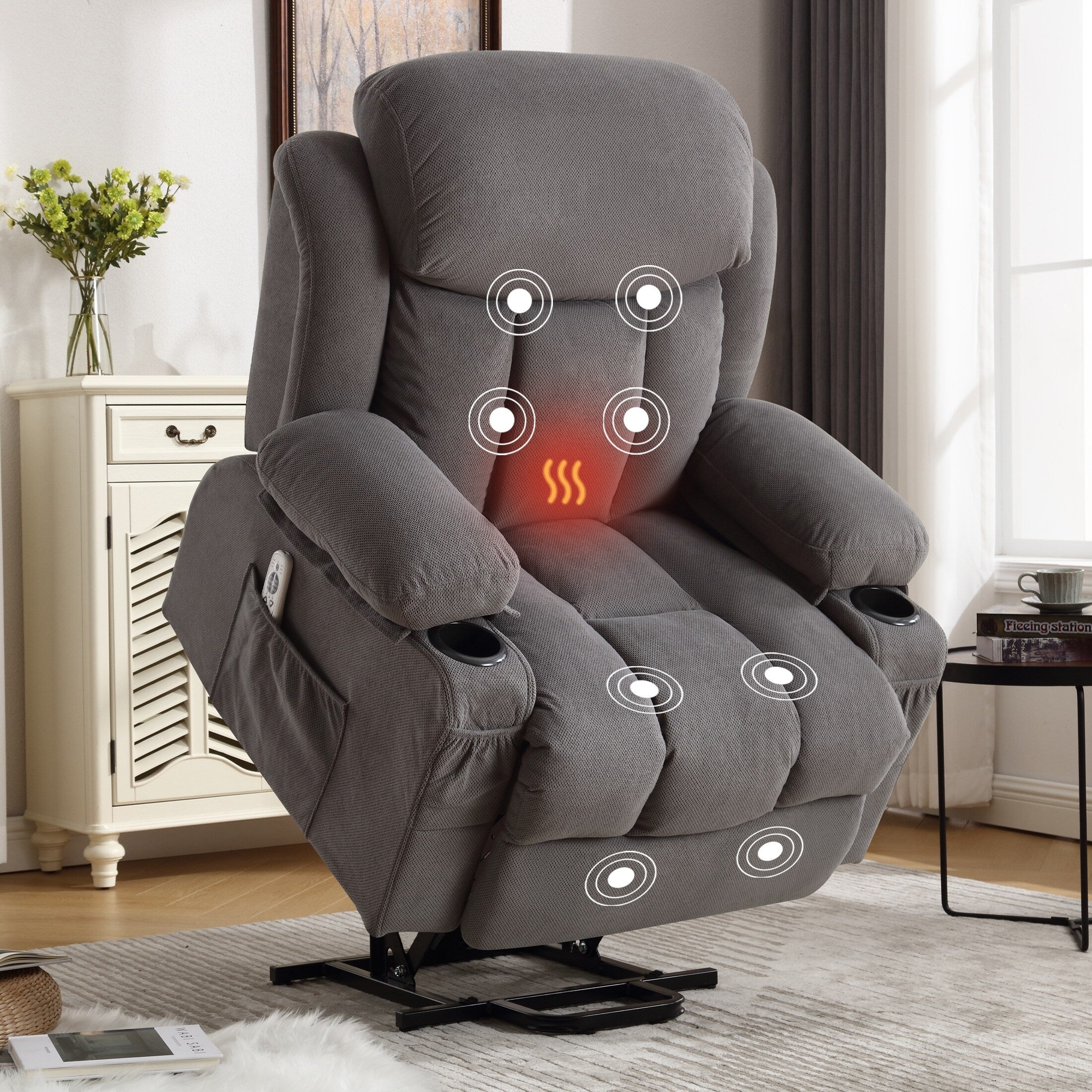 Fauteuil inclinable ergonomique beige avec chauffage, massage et ports USB