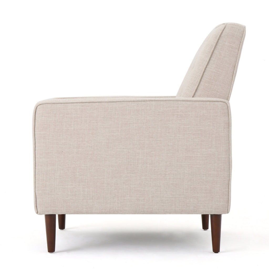 Fauteuil inclinable rembourré en tissu beige style milieu du siècle avec repose-pieds, dossier capitonné et pieds en hêtre