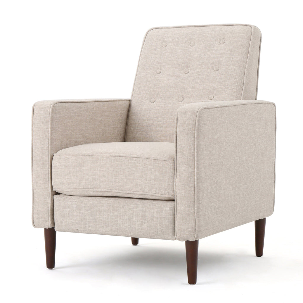 Fauteuil inclinable rembourré en tissu beige style milieu du siècle avec repose-pieds, dossier capitonné et pieds en hêtre