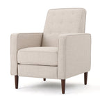 Fauteuil inclinable rembourré en tissu beige style milieu du siècle avec repose-pieds, dossier capitonné et pieds en hêtre
