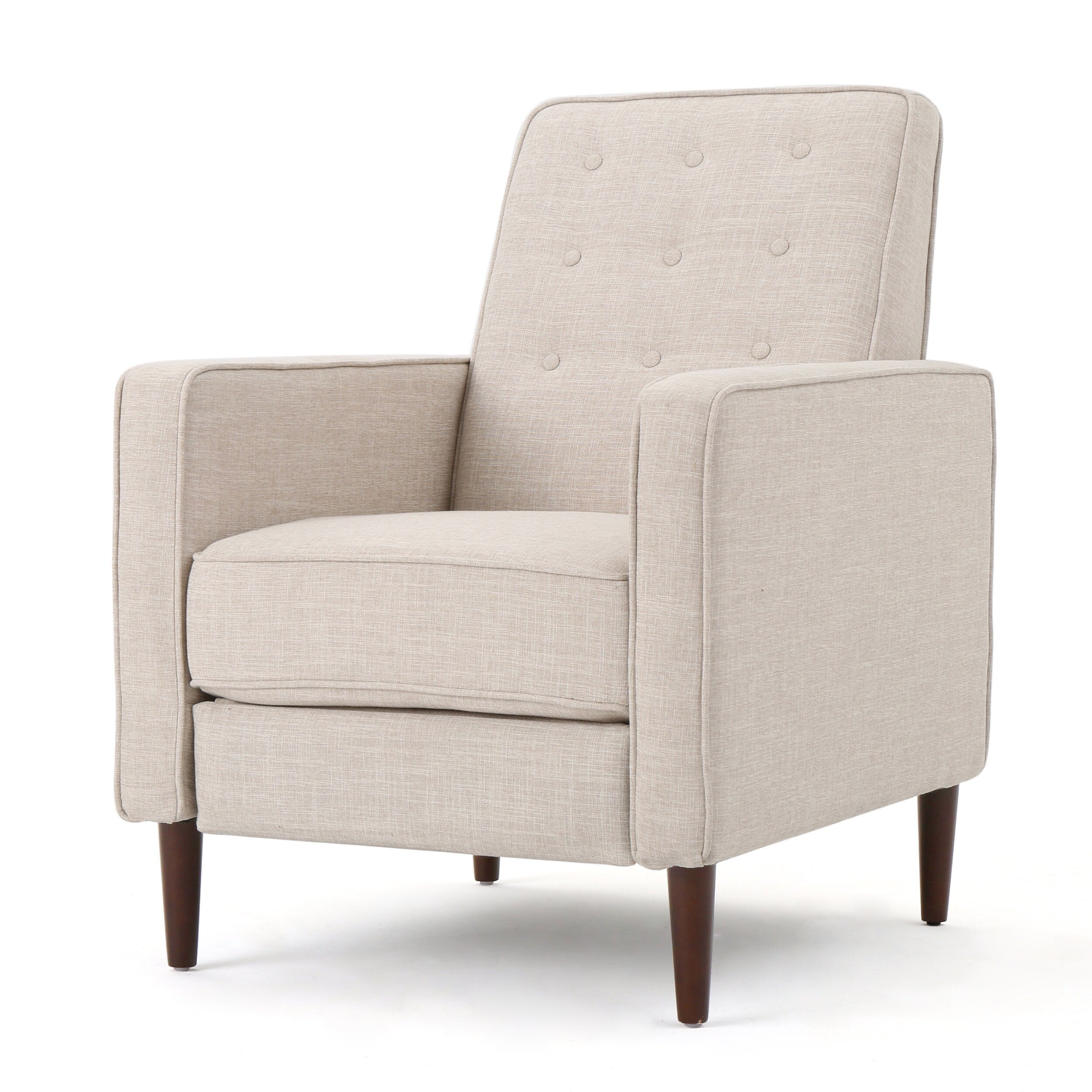 Fauteuil inclinable rembourré en tissu beige style milieu du siècle avec repose-pieds, dossier capitonné et pieds en hêtre