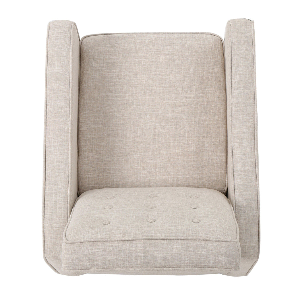 Fauteuil inclinable rembourré en tissu beige style milieu du siècle avec repose-pieds, dossier capitonné et pieds en hêtre