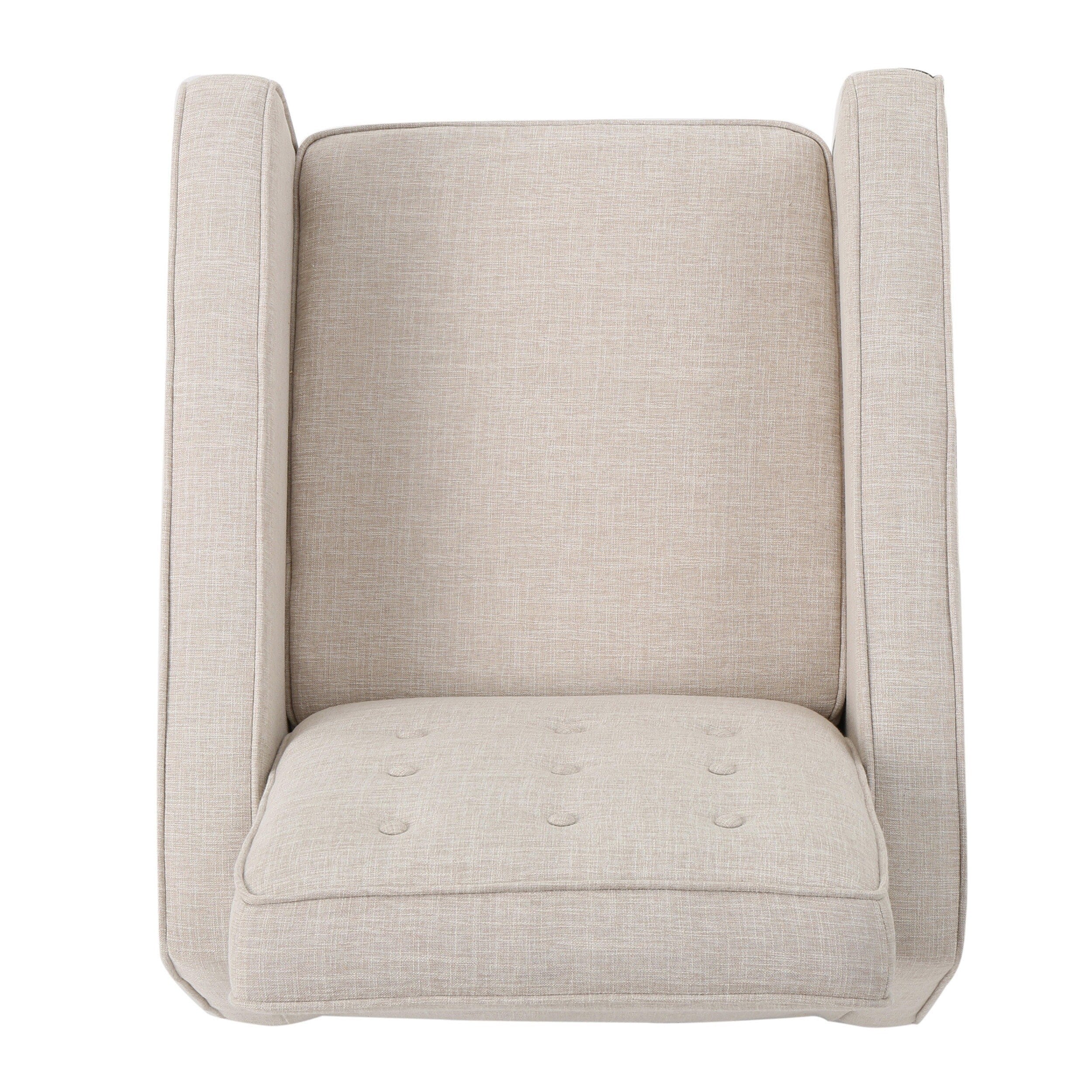 Fauteuil inclinable rembourré en tissu beige style milieu du siècle avec repose-pieds, dossier capitonné et pieds en hêtre