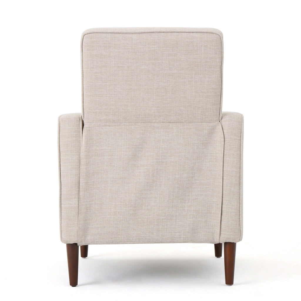 Fauteuil inclinable rembourré en tissu beige style milieu du siècle avec repose-pieds, dossier capitonné et pieds en hêtre