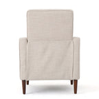 Fauteuil inclinable rembourré en tissu beige style milieu du siècle avec repose-pieds, dossier capitonné et pieds en hêtre
