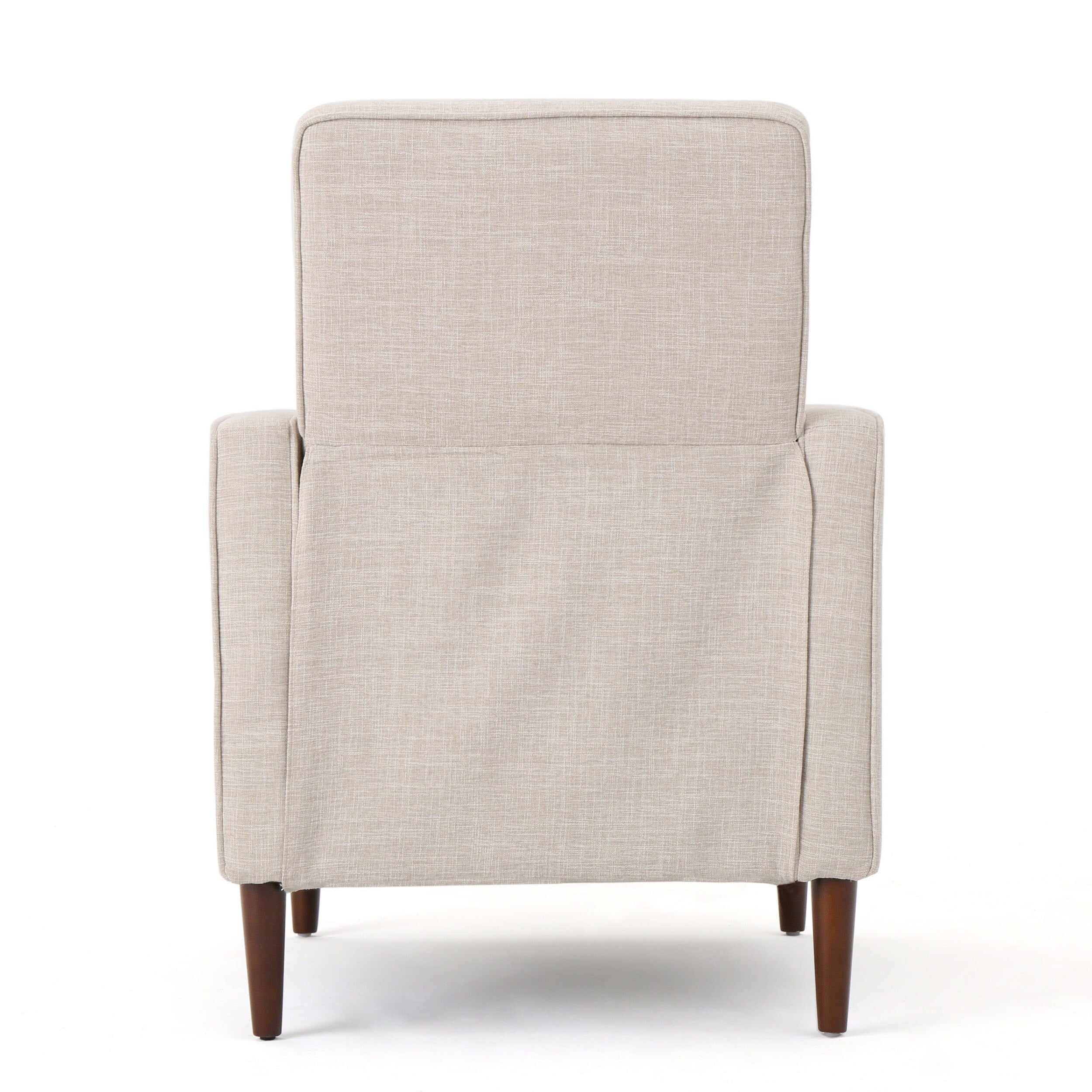 Fauteuil inclinable rembourré en tissu beige style milieu du siècle avec repose-pieds, dossier capitonné et pieds en hêtre