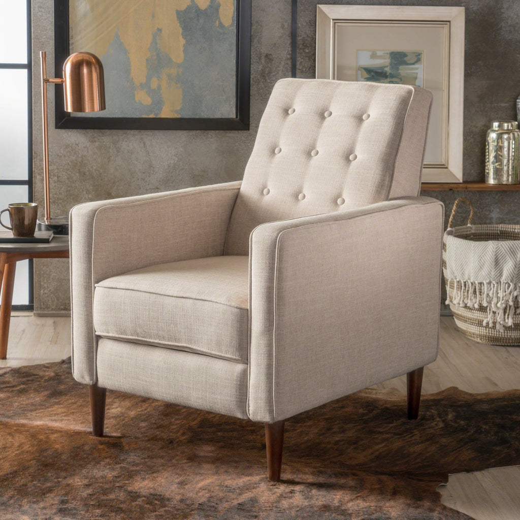 Fauteuil inclinable rembourré en tissu beige style milieu du siècle avec repose-pieds, dossier capitonné et pieds en hêtre