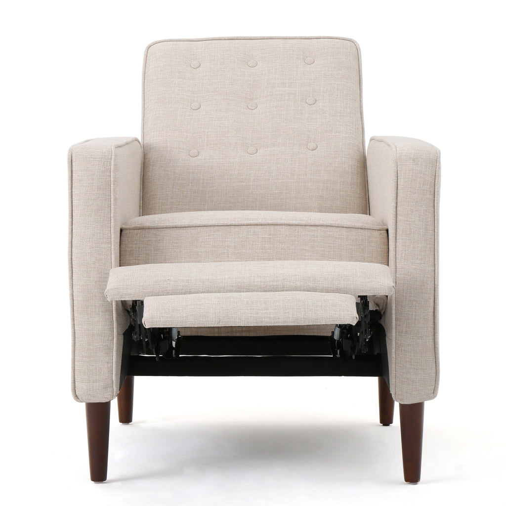 Fauteuil inclinable rembourré en tissu beige style milieu du siècle avec repose-pieds, dossier capitonné et pieds en hêtre
