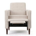 Fauteuil inclinable rembourré en tissu beige style milieu du siècle avec repose-pieds, dossier capitonné et pieds en hêtre