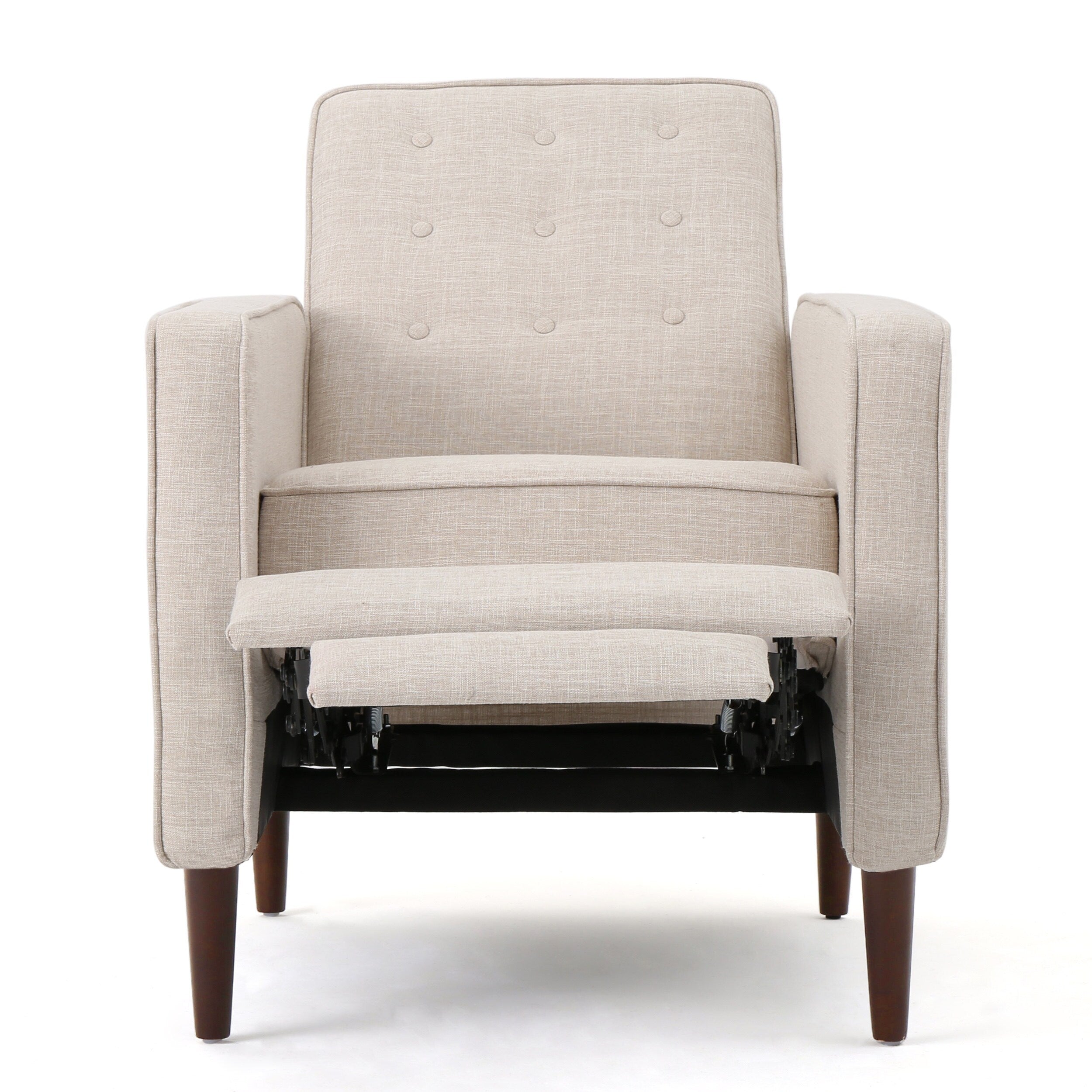 Fauteuil inclinable rembourré en tissu beige style milieu du siècle avec repose-pieds, dossier capitonné et pieds en hêtre