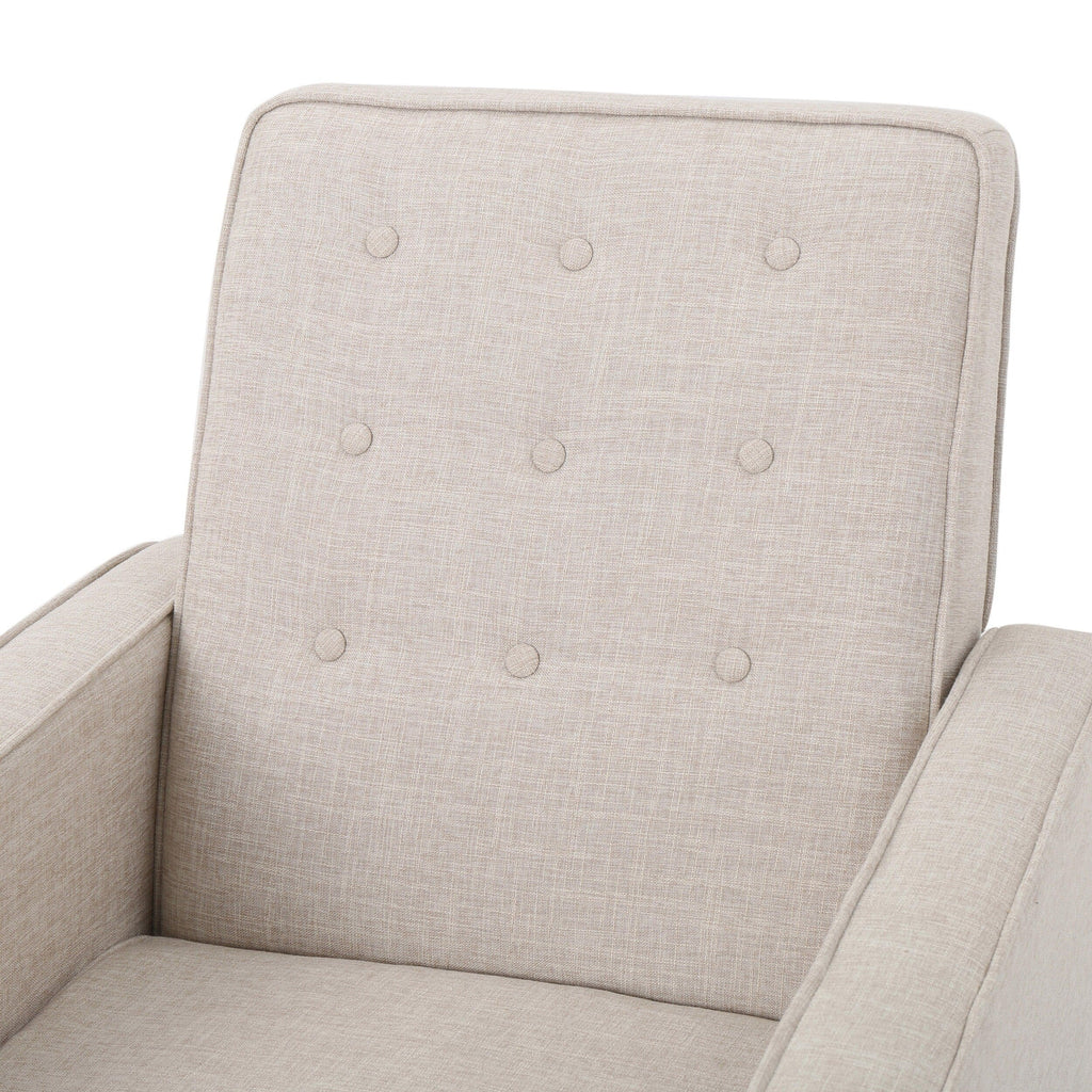 Fauteuil inclinable rembourré en tissu beige style milieu du siècle avec repose-pieds, dossier capitonné et pieds en hêtre