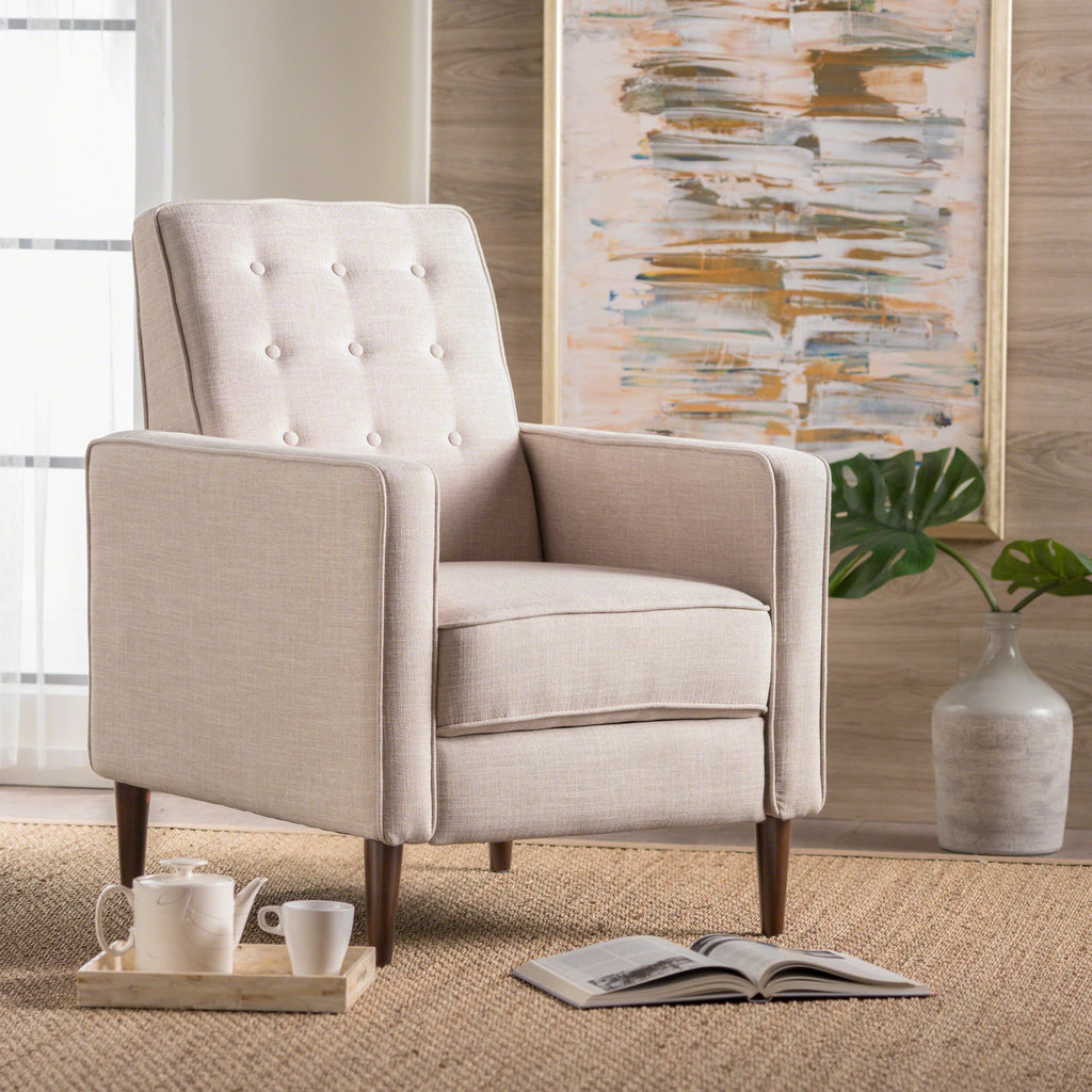 Fauteuil inclinable rembourré en tissu beige style milieu du siècle avec repose-pieds, dossier capitonné et pieds en hêtre