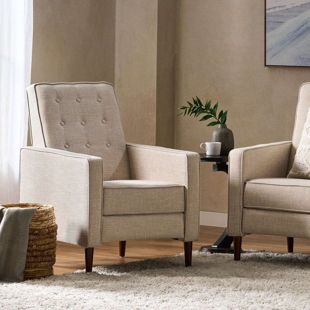 Fauteuil inclinable rembourré en tissu beige style milieu du siècle avec repose-pieds, dossier capitonné et pieds en hêtre
