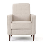 Fauteuil inclinable rembourré en tissu beige style milieu du siècle avec repose-pieds, dossier capitonné et pieds en hêtre