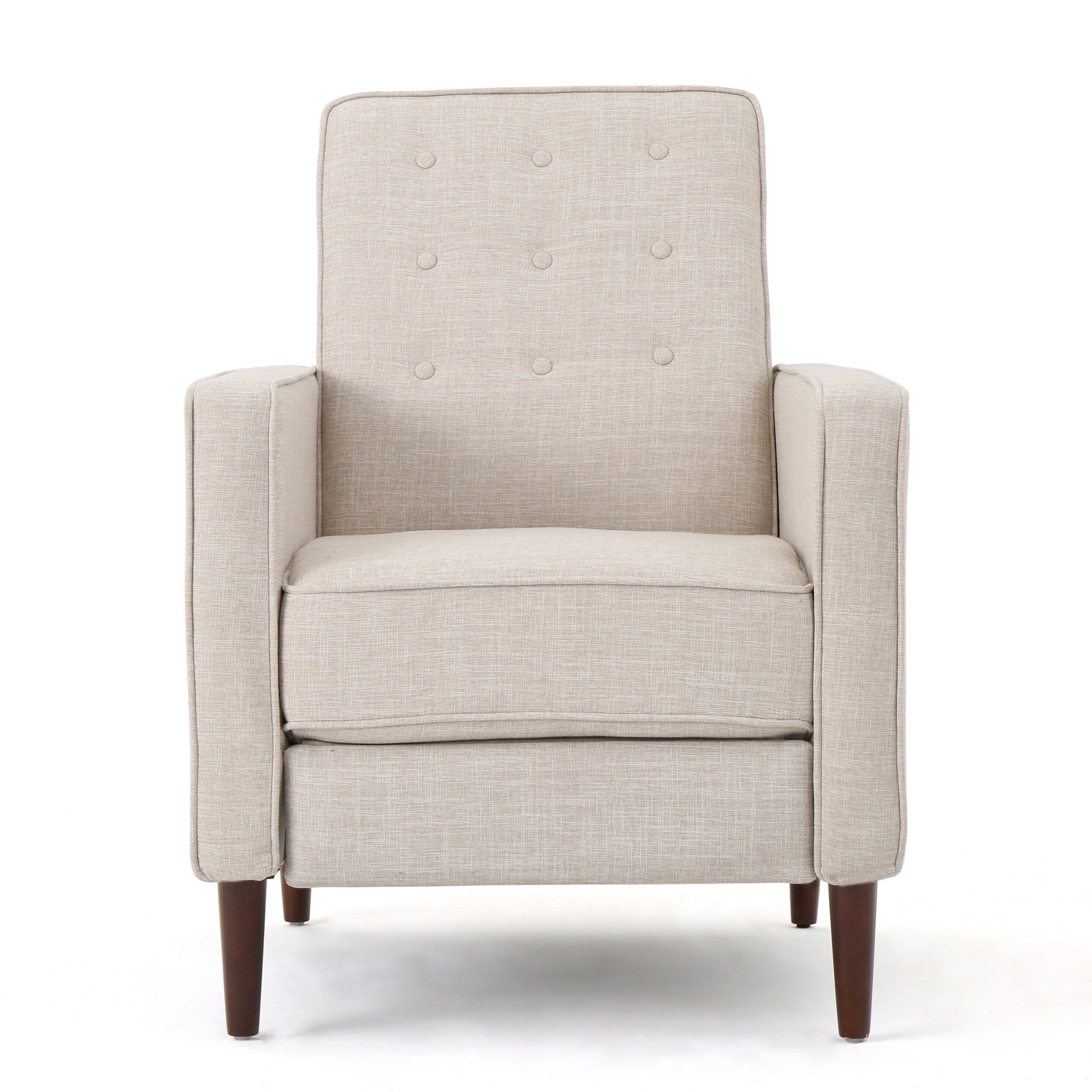 Fauteuil inclinable rembourré en tissu beige style milieu du siècle avec repose-pieds, dossier capitonné et pieds en hêtre