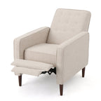 Fauteuil inclinable rembourré en tissu beige style milieu du siècle avec repose-pieds, dossier capitonné et pieds en hêtre