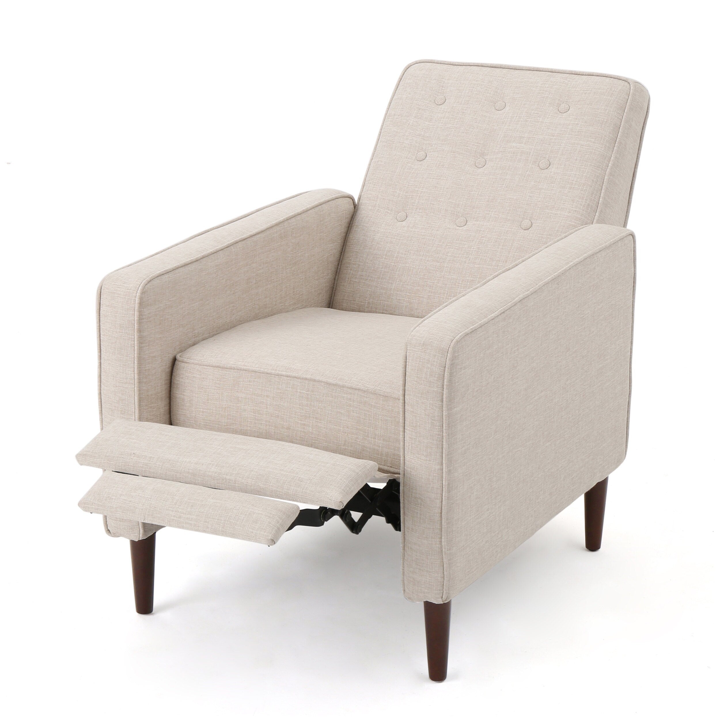 Fauteuil inclinable rembourré en tissu beige style milieu du siècle avec repose-pieds, dossier capitonné et pieds en hêtre