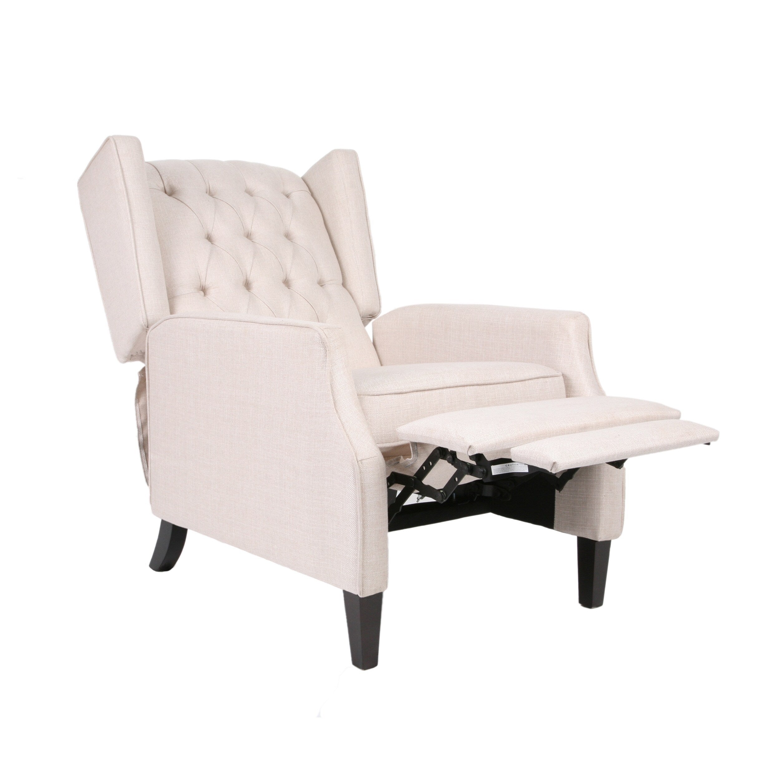 Fauteuil inclinable à oreilles en tissu beige de style milieu du siècle avec repose-pieds et dossier capitonné