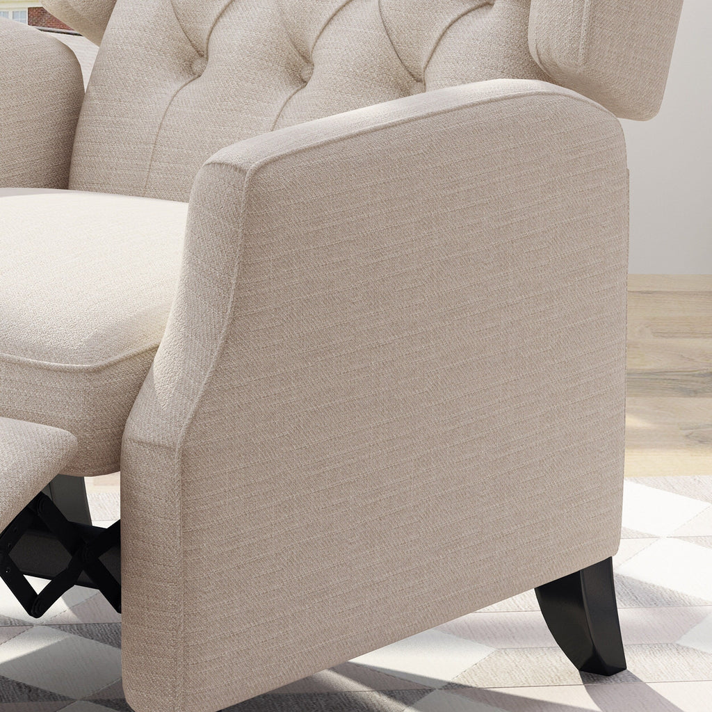 Fauteuil inclinable à oreilles en tissu beige de style milieu du siècle avec repose-pieds et dossier capitonné