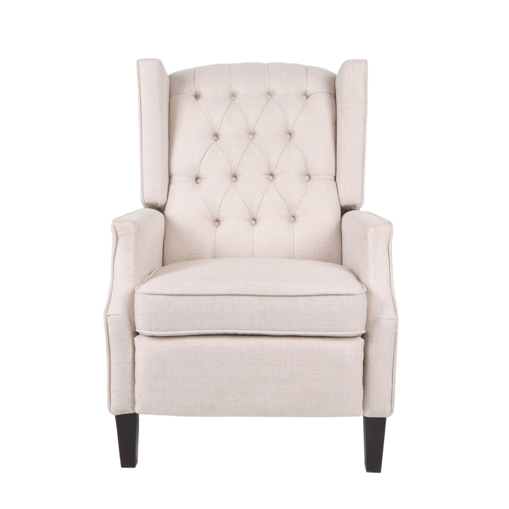 Fauteuil inclinable à oreilles en tissu beige de style milieu du siècle avec repose-pieds et dossier capitonné