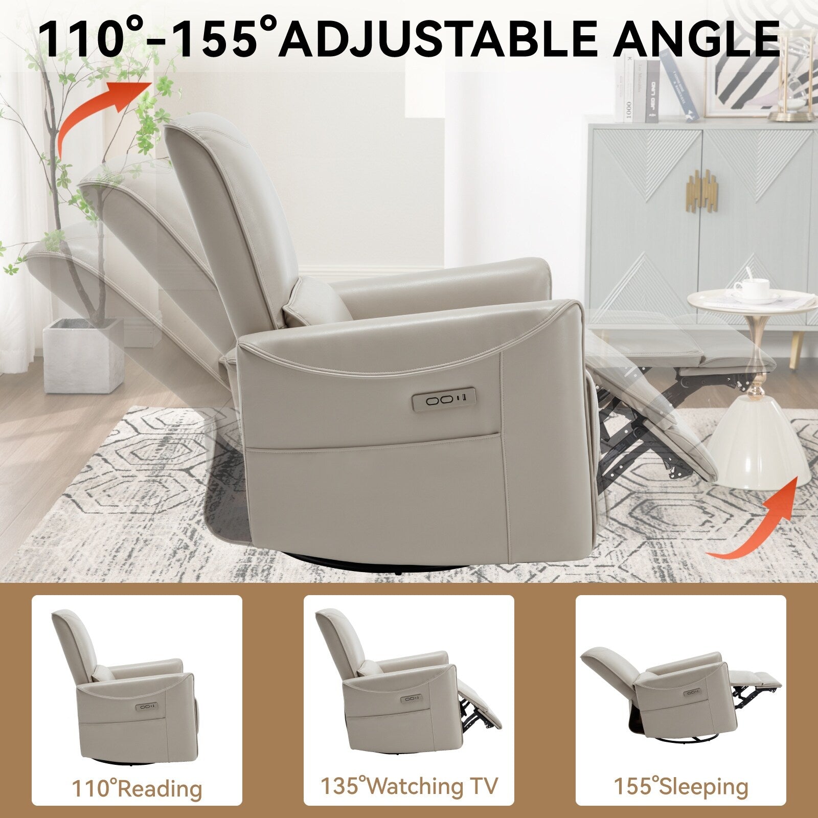 Fauteuil inclinable électrique pivotant à 270° en similicuir beige avec coussins lombaires, 2 poches latérales, ports USB et Type-C
