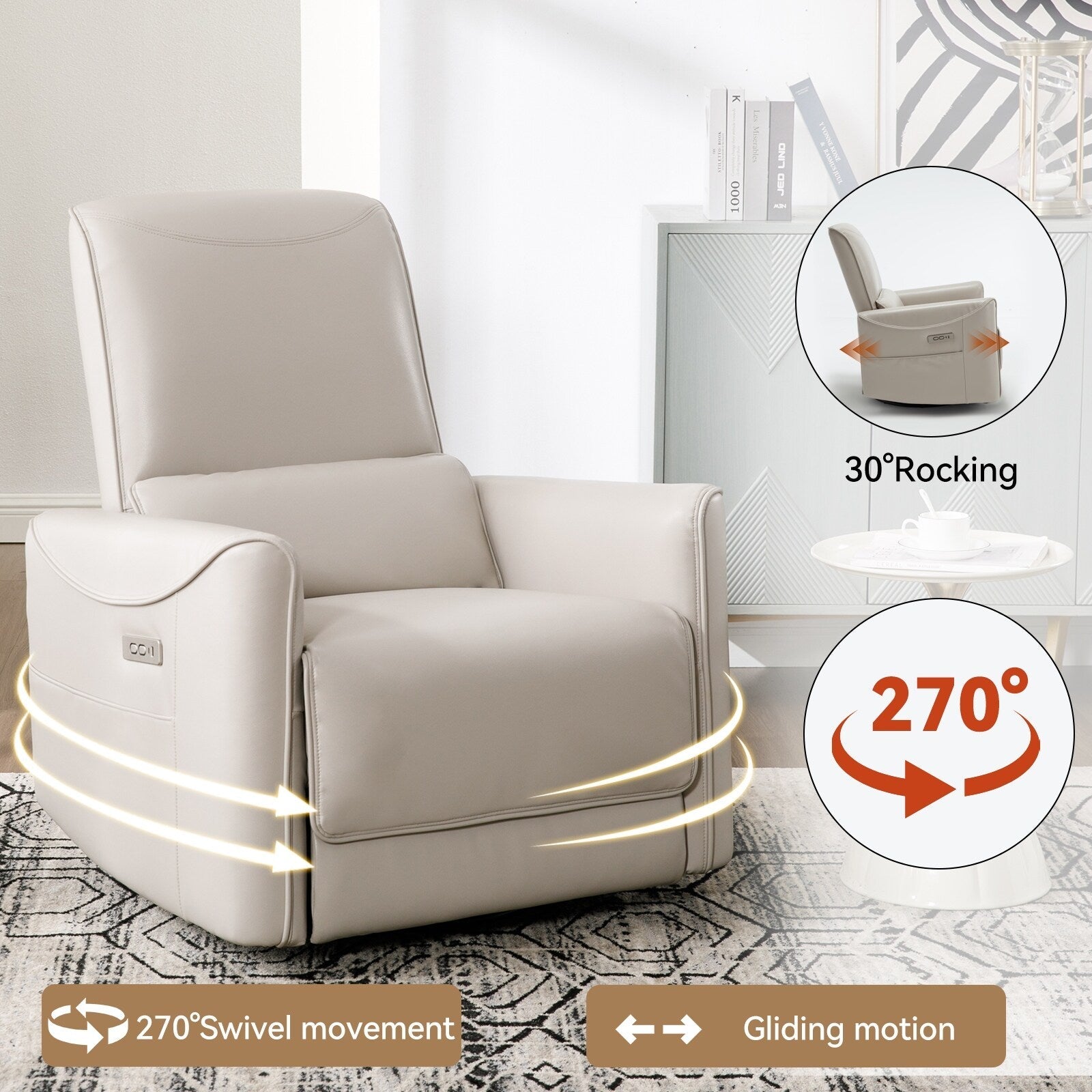 Fauteuil inclinable électrique pivotant à 270° en similicuir beige avec coussins lombaires, 2 poches latérales, ports USB et Type-C