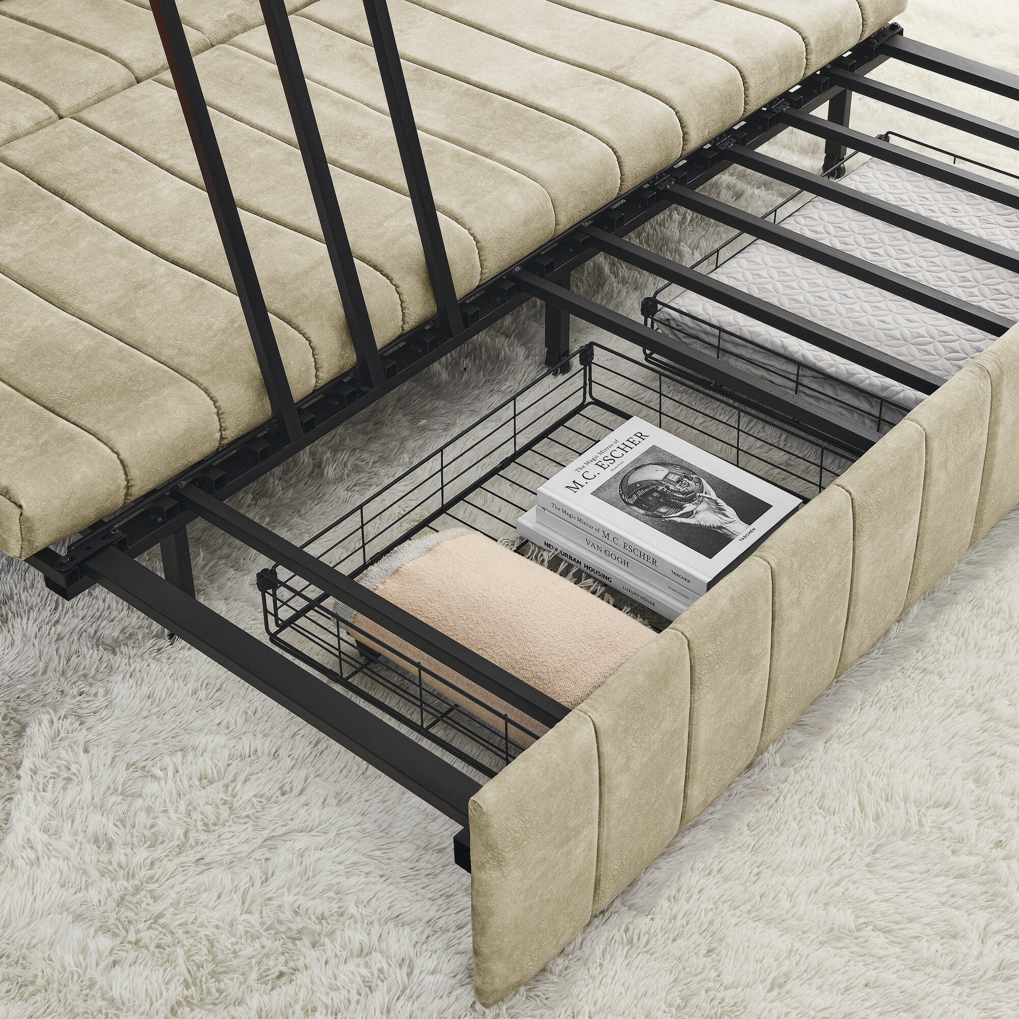 Canapé-lit gigogne 3 places en mousse beige avec tiroirs