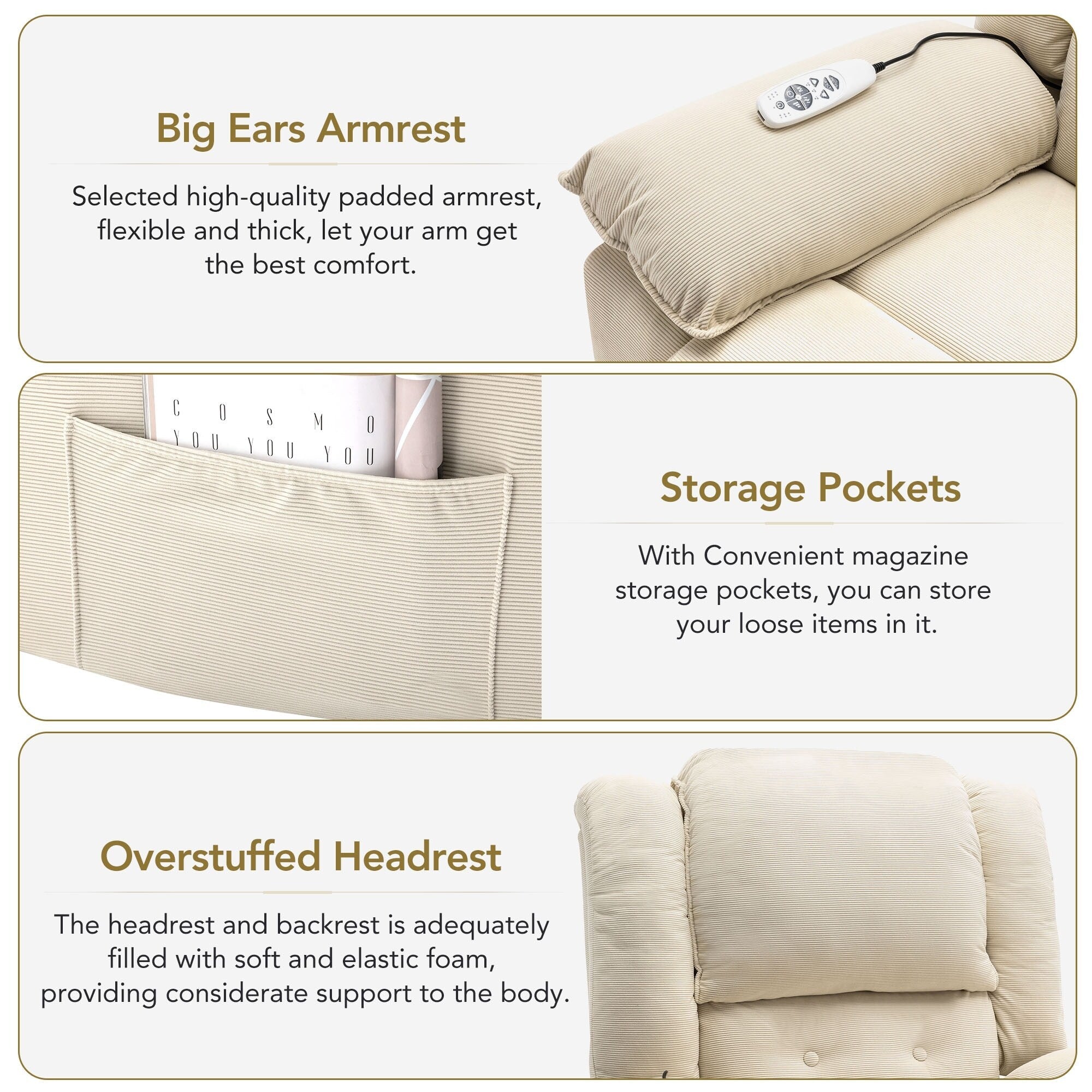 Fauteuil inclinable releveur beige pour personnes âgées avec massage, chauffage, inclinaison réglable, rangement latéral et fonctions de positionnement multiples