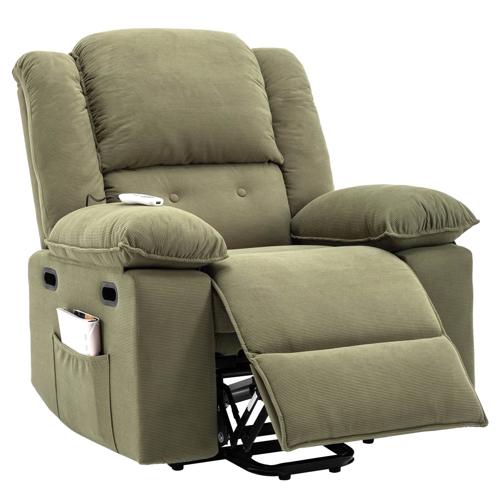Fauteuil inclinable releveur beige avec massage chauffant, positions d'inclinaison infinies, poches latérales et accoudoirs rétractables pour plus de confort