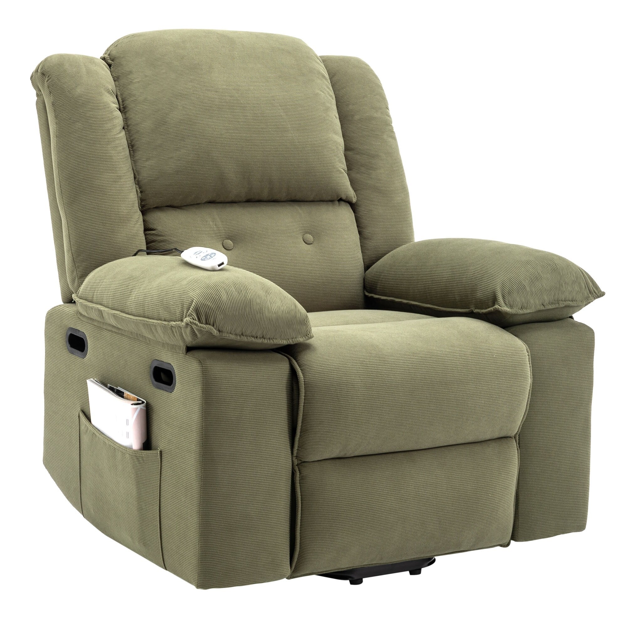 Fauteuil inclinable releveur beige avec massage chauffant, positions d'inclinaison infinies, poches latérales et accoudoirs rétractables pour plus de confort
