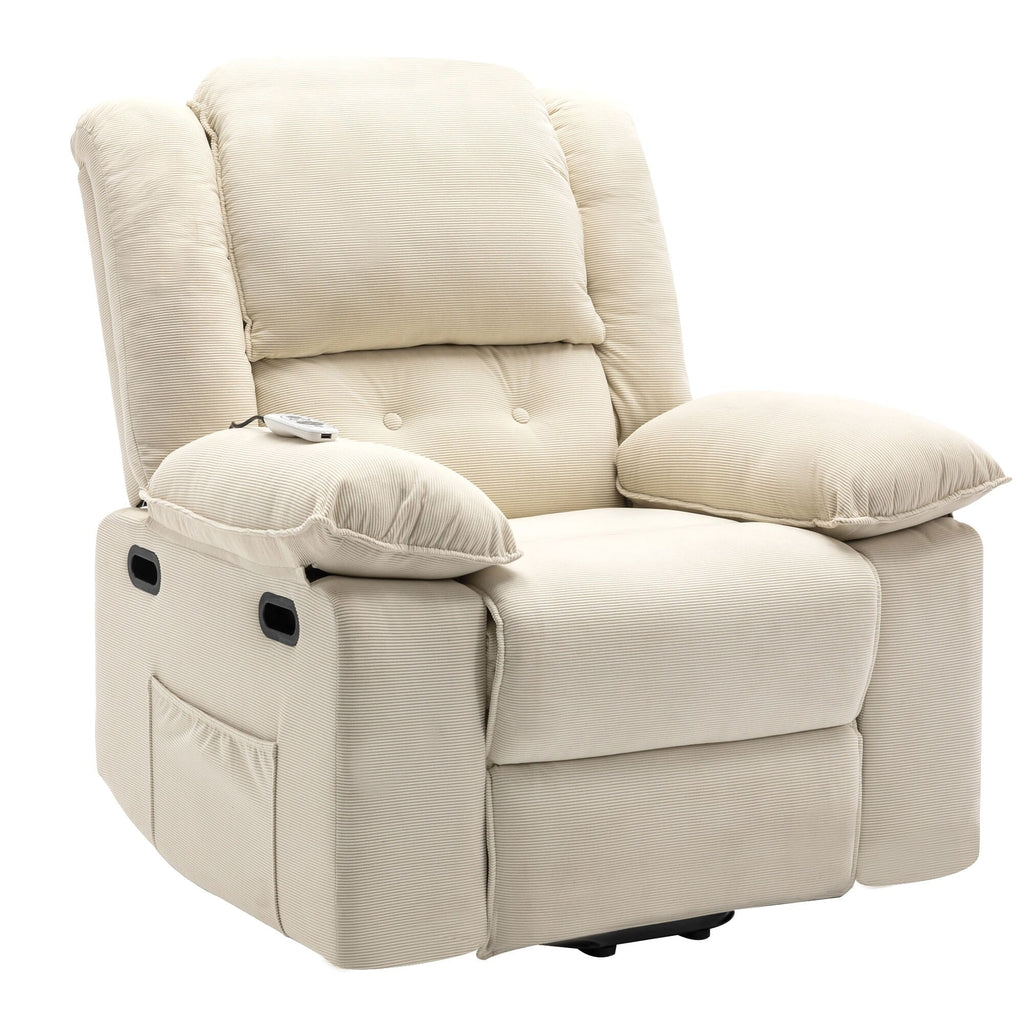 Fauteuil inclinable releveur beige avec massage chauffant, positions d'inclinaison infinies, poches latérales et accoudoirs rétractables pour plus de confort