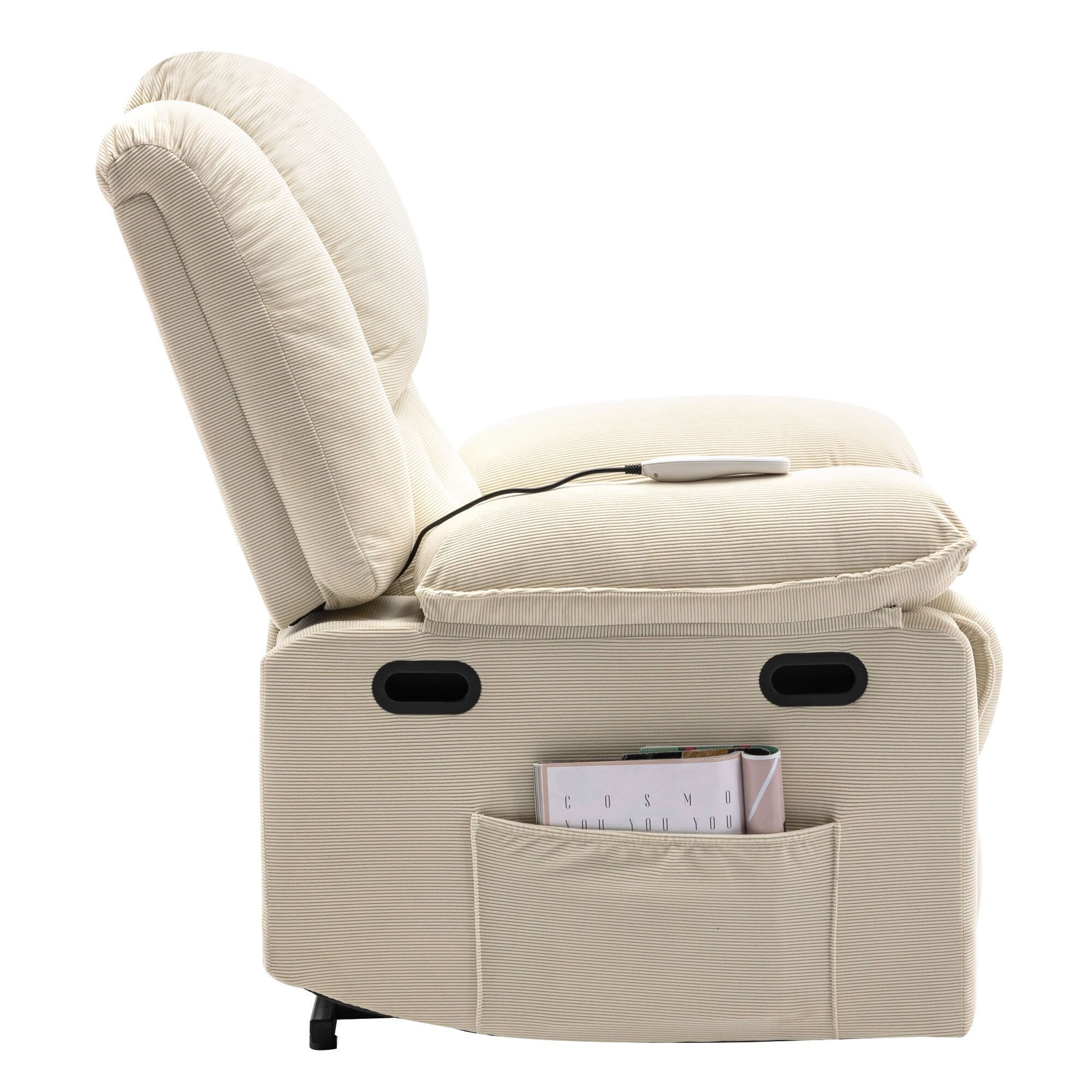 Fauteuil inclinable releveur beige avec massage chauffant, positions d'inclinaison infinies, poches latérales et accoudoirs rétractables pour plus de confort