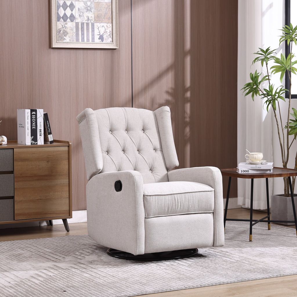 Fauteuil inclinable manuel pivotant à 360° en lin beige avec dossier capitonné et repose-pieds pour salon et chambre