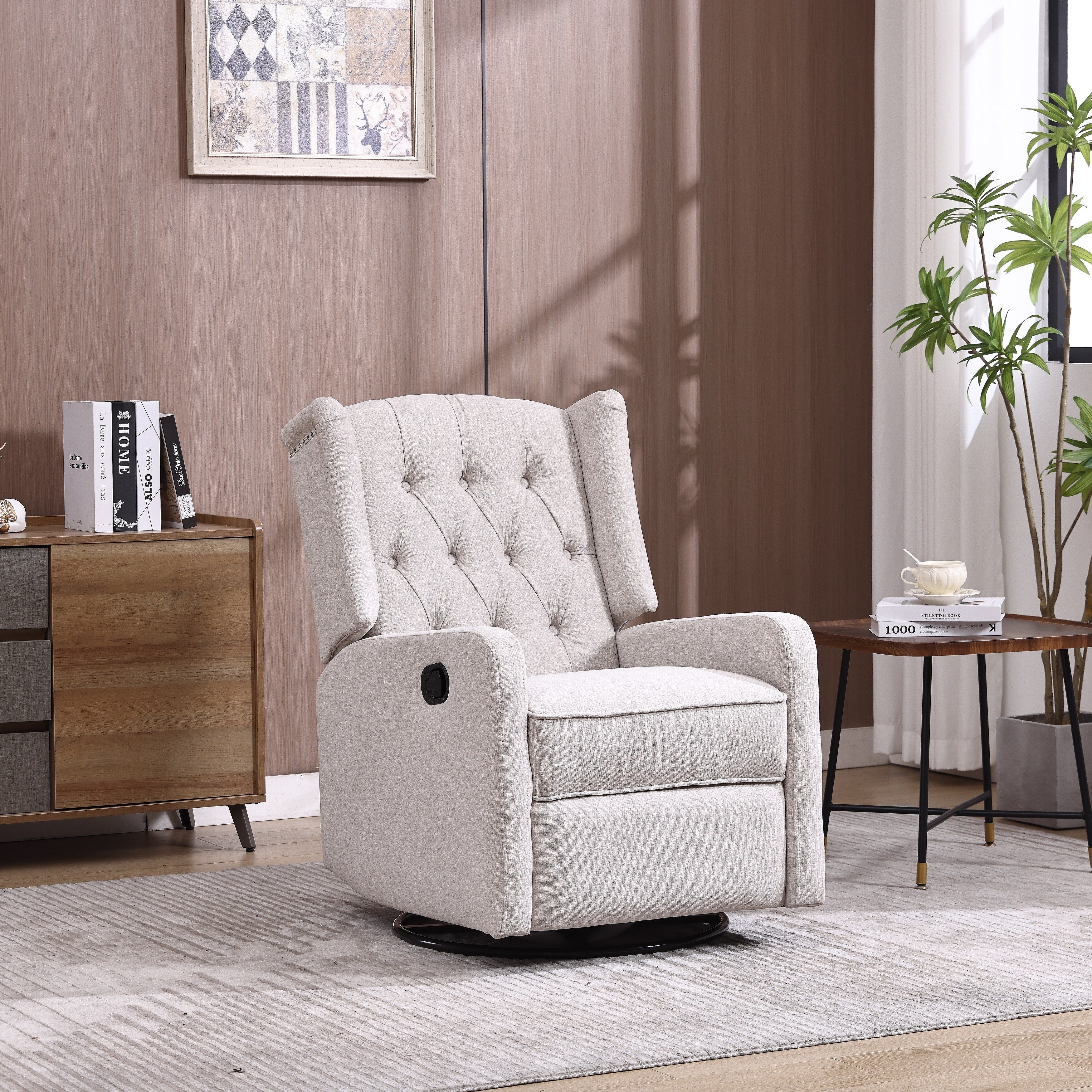 Fauteuil inclinable manuel pivotant à 360° en lin beige avec dossier capitonné et repose-pieds pour salon et chambre