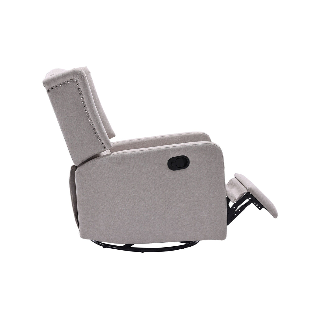 Fauteuil inclinable manuel pivotant à 360° en lin beige avec dossier capitonné et repose-pieds pour salon et chambre