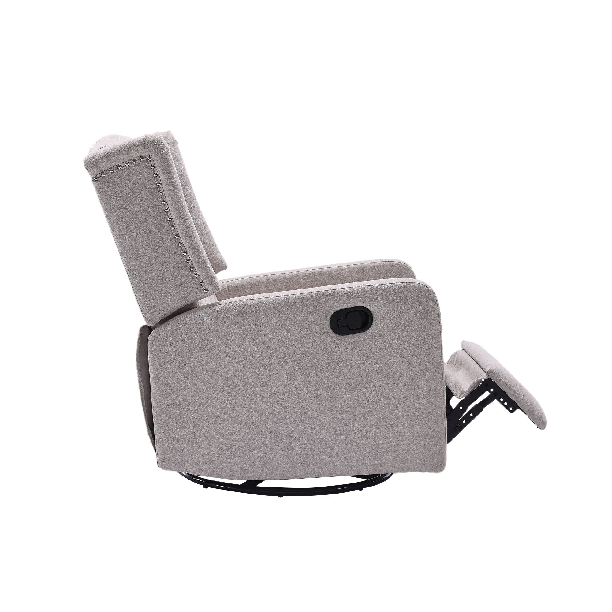 Fauteuil inclinable manuel pivotant à 360° en lin beige avec dossier capitonné et repose-pieds pour salon et chambre